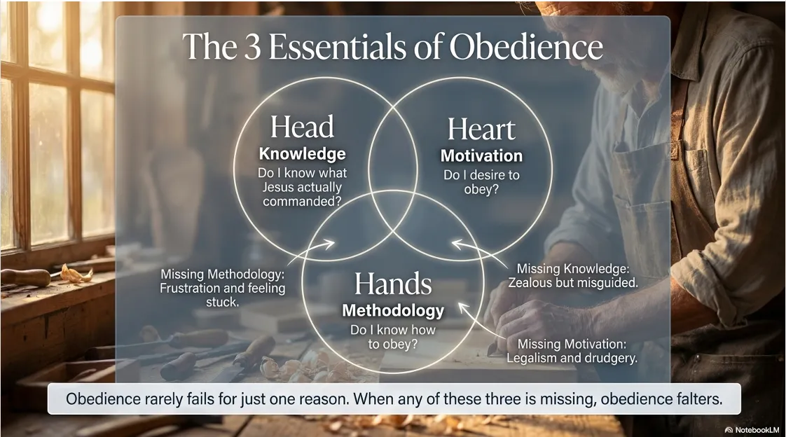 The three essentials of obedience — Knowledge, Motivation, and Methodology.