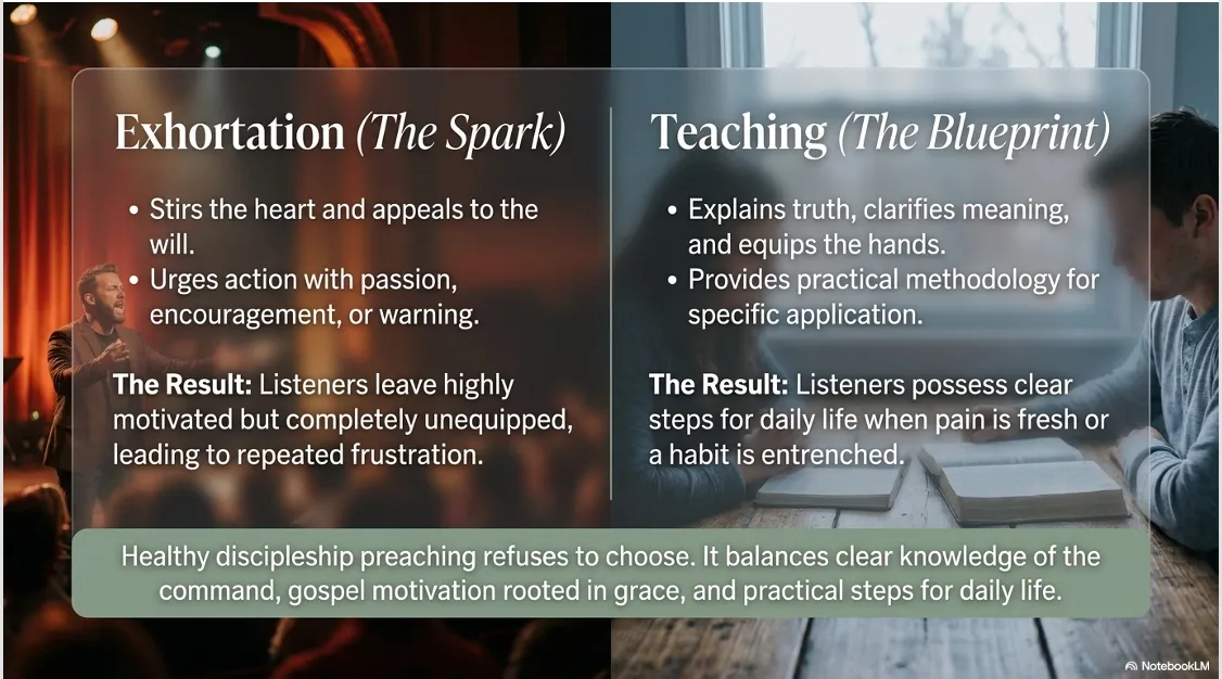 Exhortation versus teaching — stirring the heart and equipping the hands.